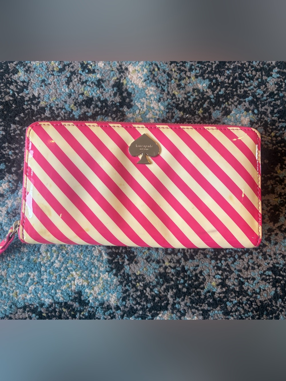 kate spade Hot Pink and Cream Diagonal Stripe Zip Wallet